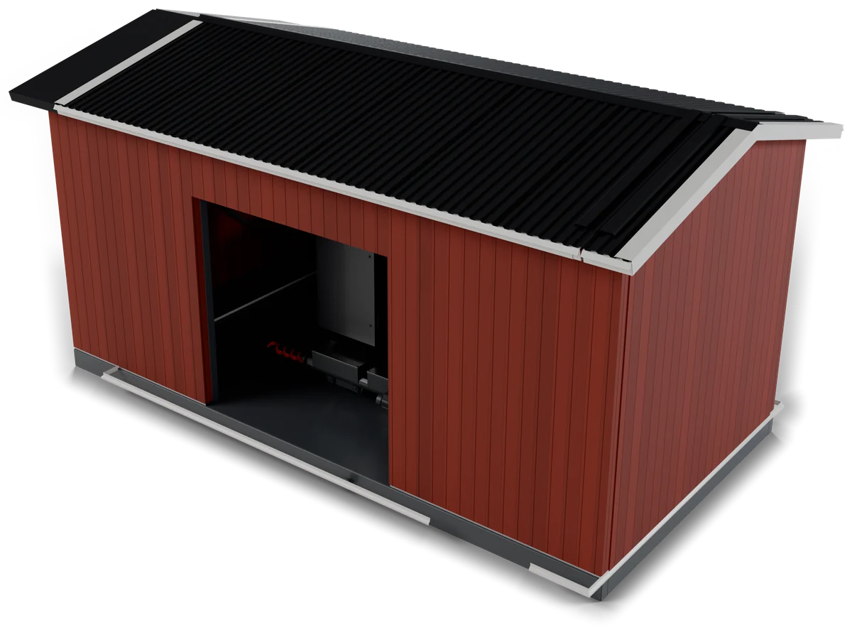 Heating plant in Falu red vertical timber cladding with white barge boards and a black roof, drawn in 3D