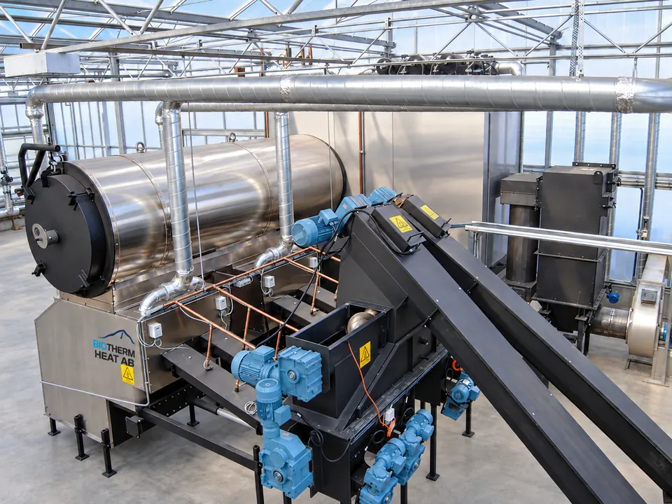 The boiler with its burners. Two screws carry the material to the mixer and on into the burners.