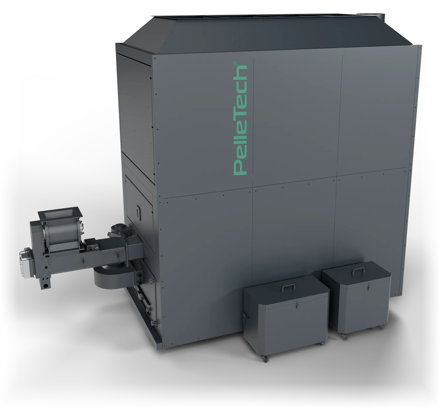 PelleTech AERO 500 in the 2025 design: dark grey unit with blue-green PelleTech decal, the feed system with rotary valve on the left and two ash containers in front