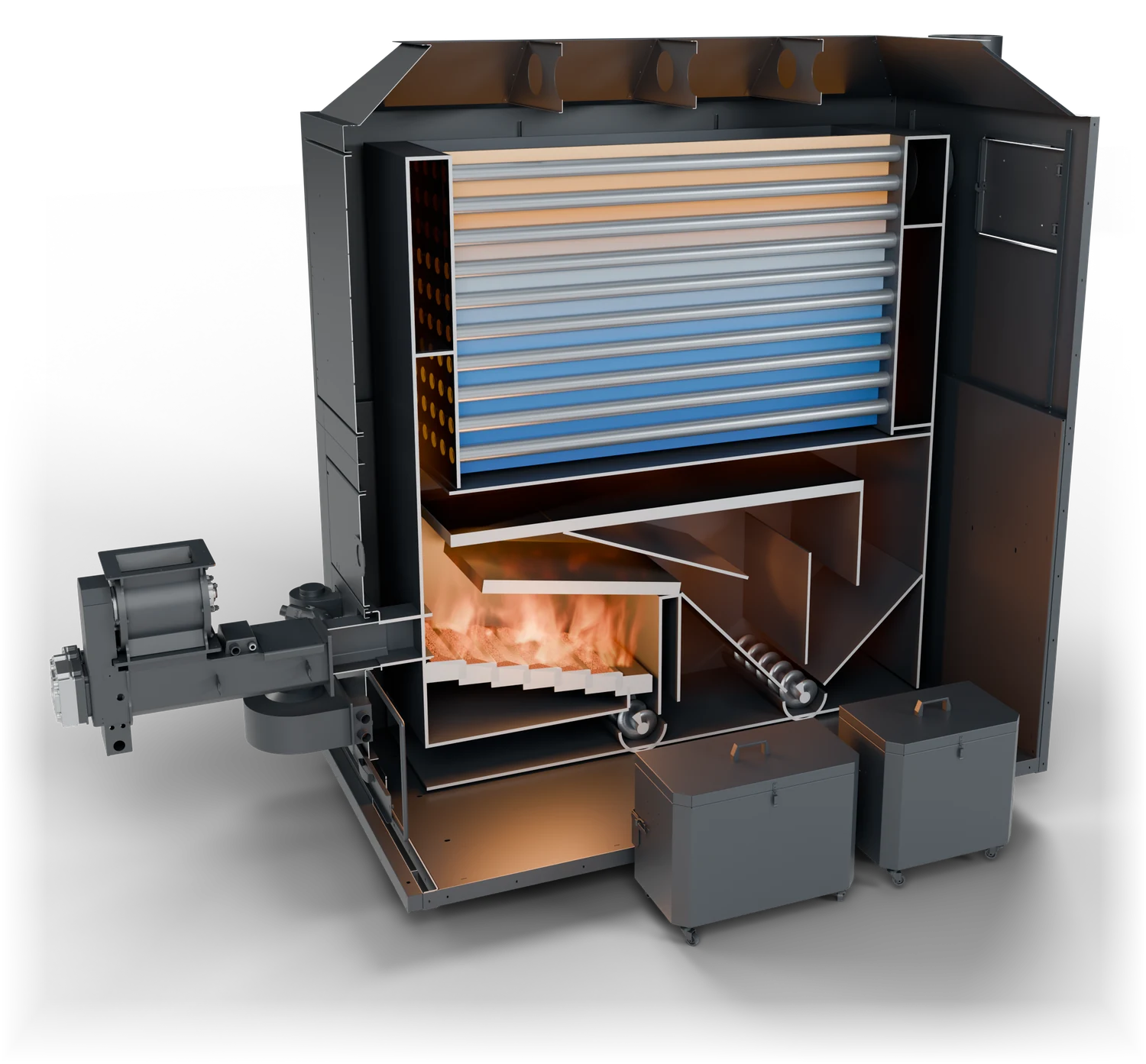 The same unit in cutaway: the flame on the stepped grate, the flue gas path through the ash chamber, the heat exchanger's steel tubes in air that turns from blue to warm, and the hood with the hot-air outlets