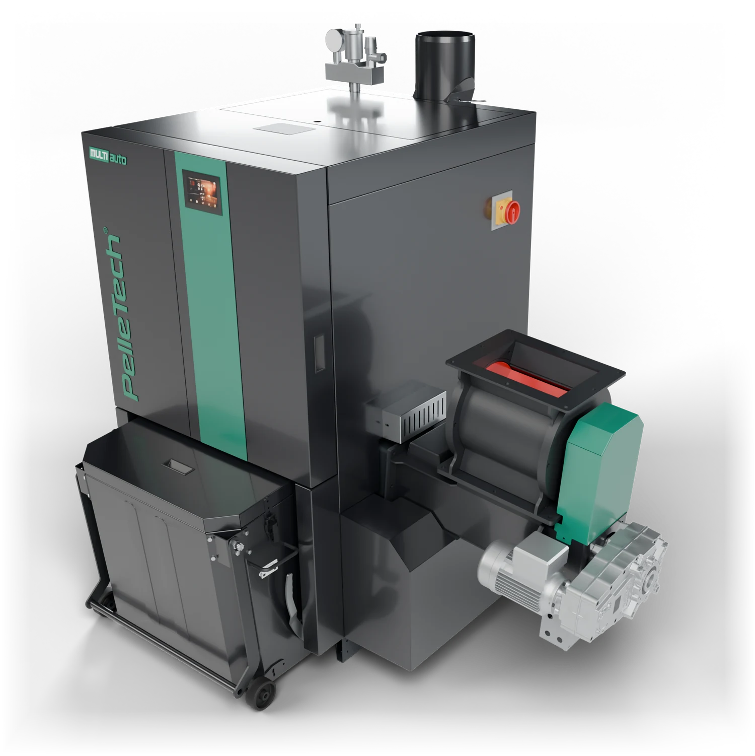 PelleTech Multiauto 38–60 in the new design: gloss black with a teal stripe and touchscreen, the ash box at the front and the rotary valve with the stoker motor on the right