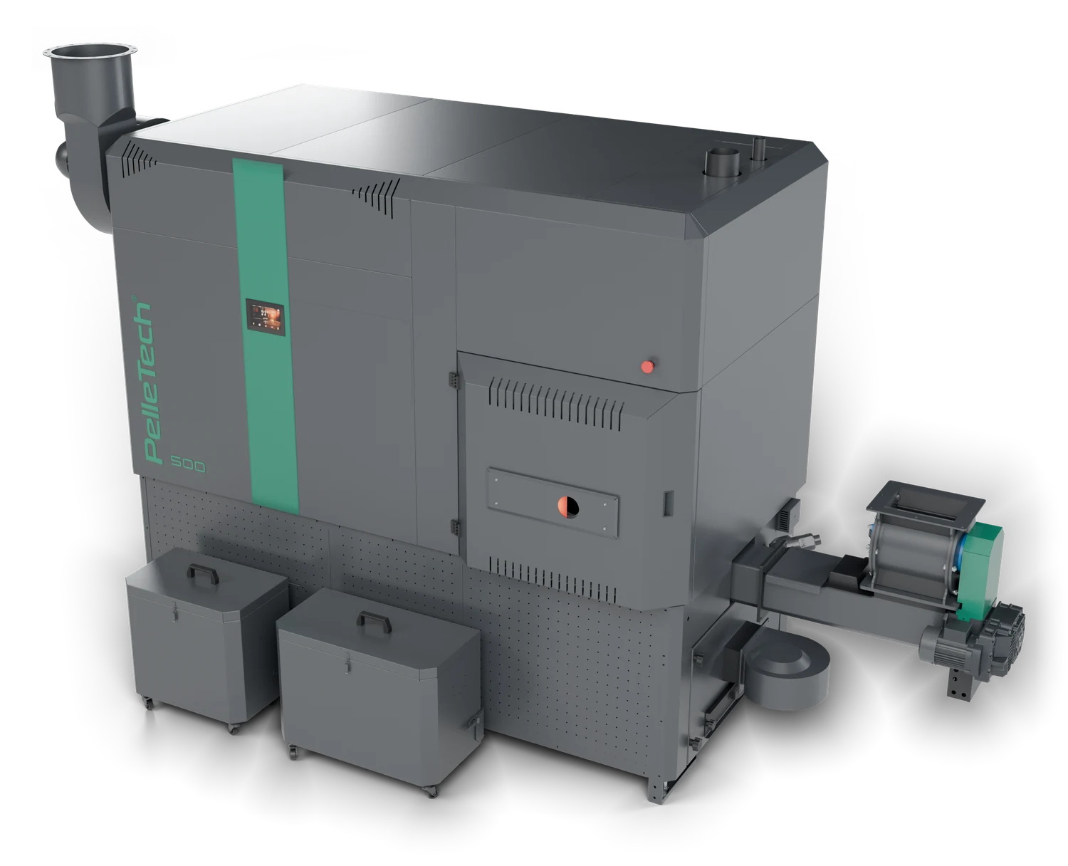 PelleTech IDRO in the 2025 design: dark grey with a blue-green stripe and touchscreen, two ash boxes at the front and the feed with rotary valve on the right
