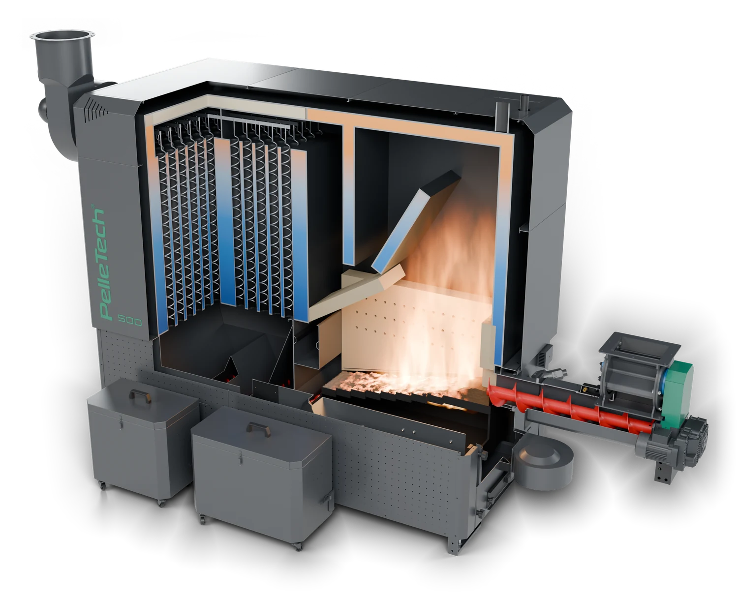 The same boiler in cross-section: the flame above the stepped grate in the ceramic-lined firebox, the boiler water around the firebox and tubes, the upright tubes with turbulators and the stoker screw from the rotary valve