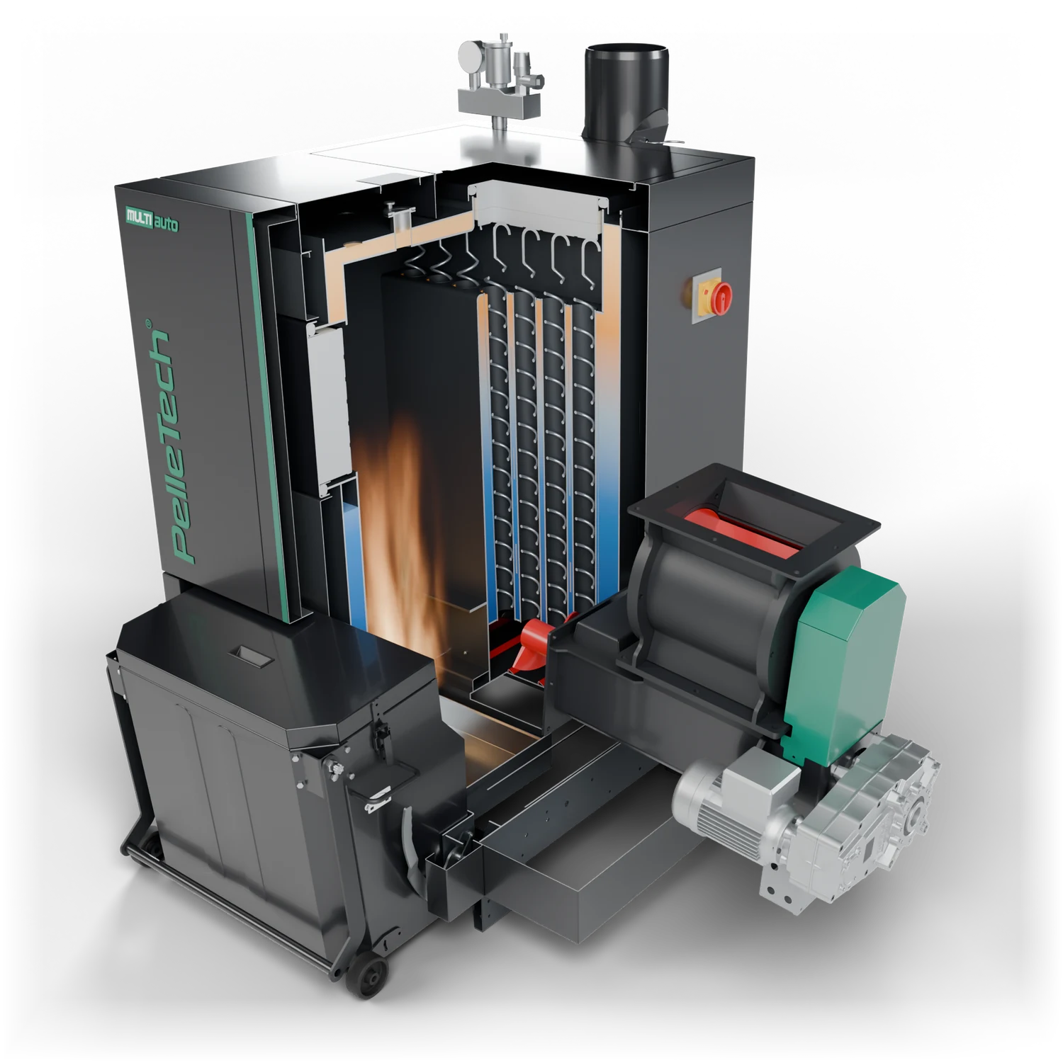 The same boiler in cross-section: the flame in the firebox, the boiler water around it, the flue tubes with turbulators and the rotary valve